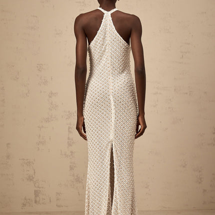 Autumn White Halterneck Maxi Dress with Crystal and Faux-Pearl Embellishments