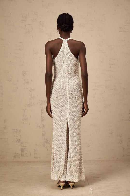 Autumn White Halterneck Maxi Dress with Crystal and Faux-Pearl Embellishments