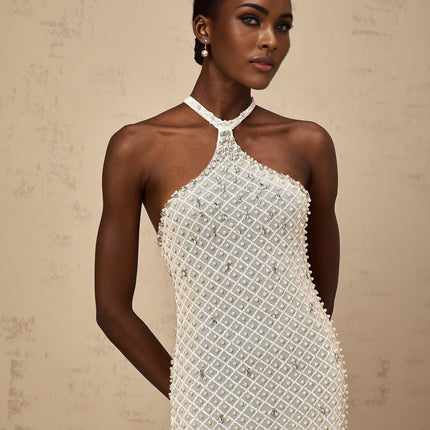Autumn White Halterneck Maxi Dress with Crystal and Faux-Pearl Embellishments