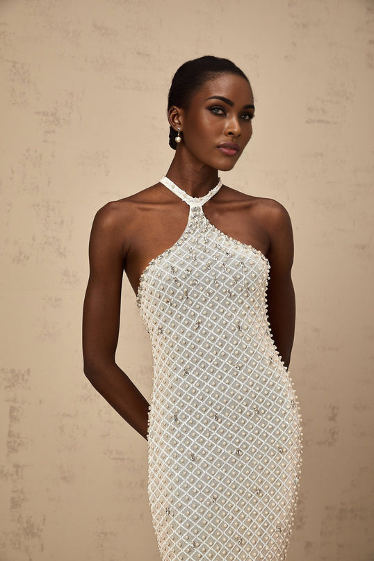 Autumn White Halterneck Maxi Dress with Crystal and Faux-Pearl Embellishments