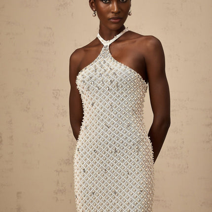 Autumn White Halterneck Maxi Dress with Crystal and Faux-Pearl Embellishments