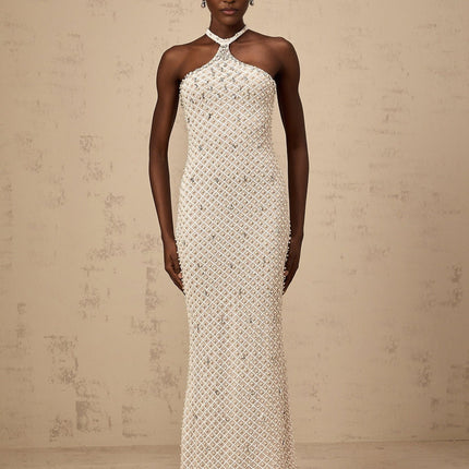 Autumn White Halterneck Maxi Dress with Crystal and Faux-Pearl Embellishments