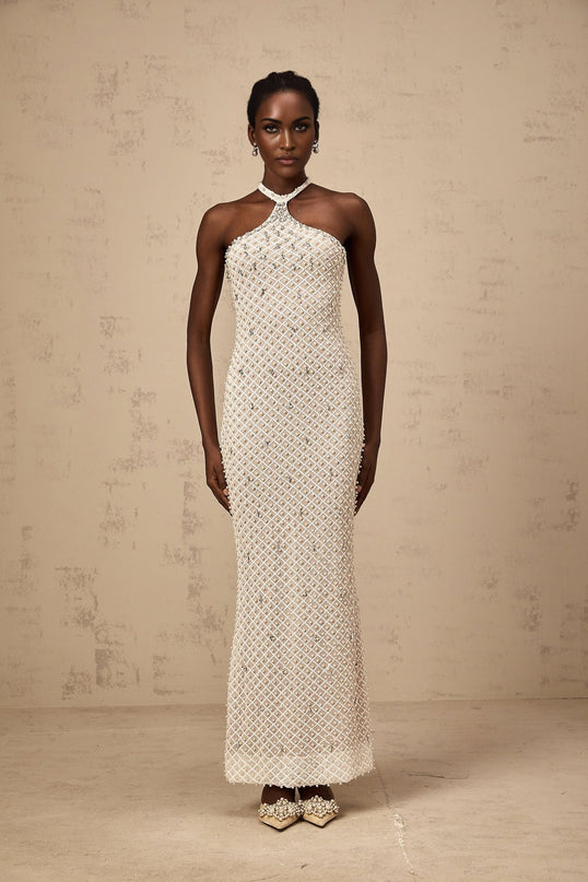 Autumn White Halterneck Maxi Dress with Crystal and Faux-Pearl Embellishments