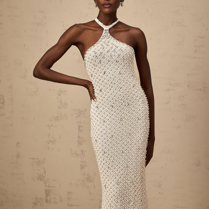 Autumn White Halterneck Maxi Dress with Crystal and Faux-Pearl Embellishments