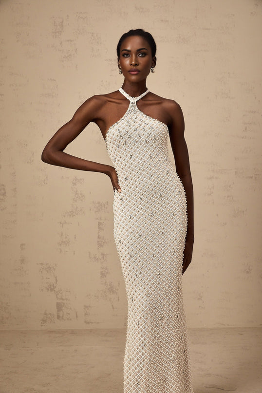 Autumn White Halterneck Maxi Dress with Crystal and Faux-Pearl Embellishments