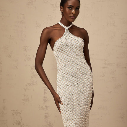 Autumn White Halterneck Maxi Dress with Crystal and Faux-Pearl Embellishments