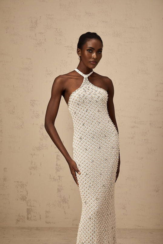 Autumn White Halterneck Maxi Dress with Crystal and Faux-Pearl Embellishments