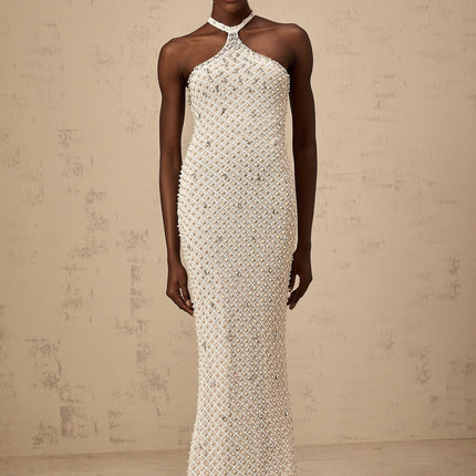 Autumn White Halterneck Maxi Dress with Crystal and Faux-Pearl Embellishments