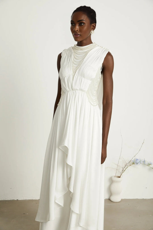 Autumn White Maxi Dress with Faux Pearl Embellishments and Asymmetric Pleats
