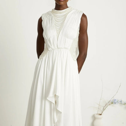 Autumn White Maxi Dress with Faux Pearl Embellishments and Asymmetric Pleats