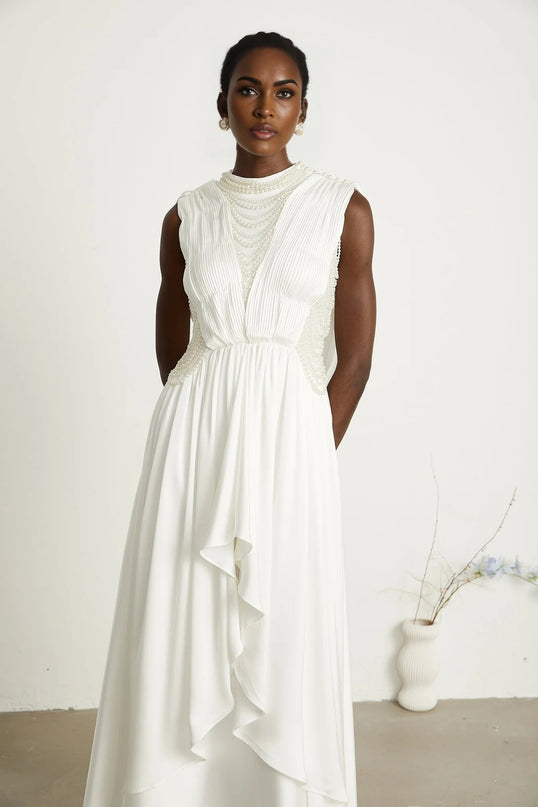 Autumn White Maxi Dress with Faux Pearl Embellishments and Asymmetric Pleats