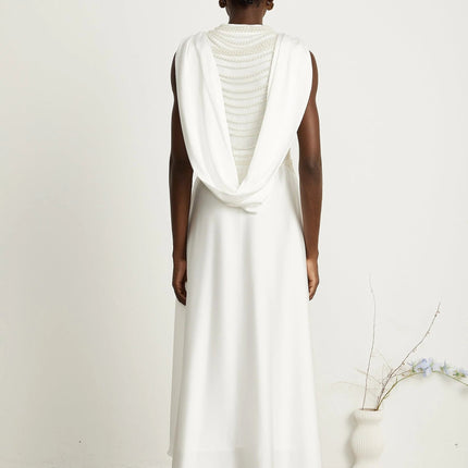 Autumn White Maxi Dress with Faux Pearl Embellishments and Asymmetric Pleats