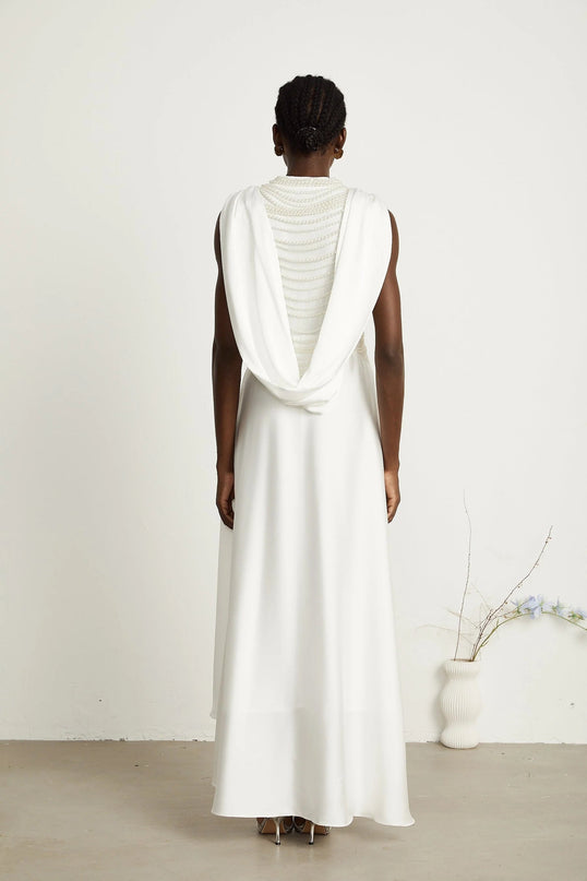 Autumn White Maxi Dress with Faux Pearl Embellishments and Asymmetric Pleats