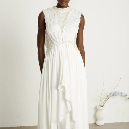 Autumn White Maxi Dress with Faux Pearl Embellishments and Asymmetric Pleats