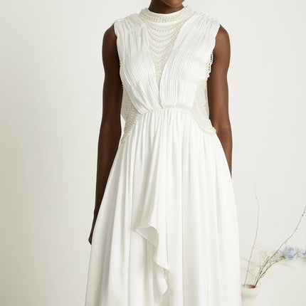 Autumn White Maxi Dress with Faux Pearl Embellishments and Asymmetric Pleats
