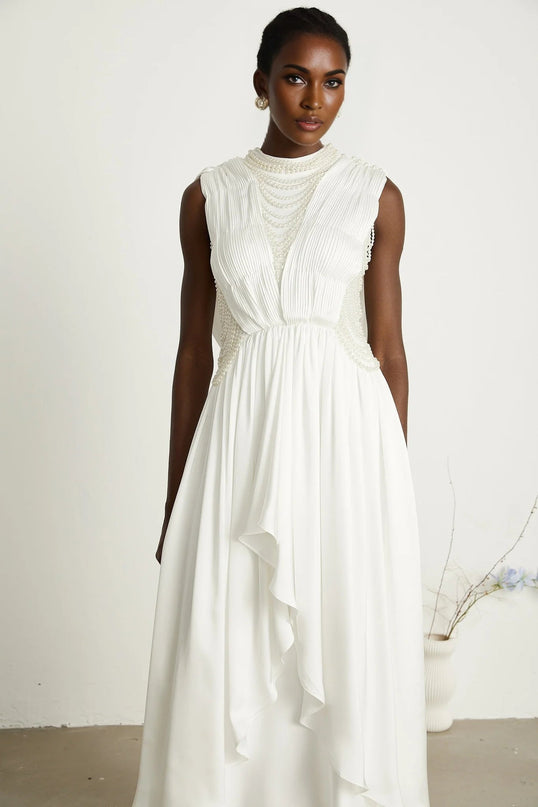 Autumn White Maxi Dress with Faux Pearl Embellishments and Asymmetric Pleats