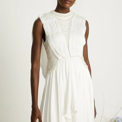 Autumn White Maxi Dress with Faux Pearl Embellishments and Asymmetric Pleats
