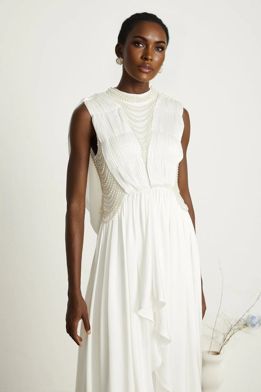 Autumn White Maxi Dress with Faux Pearl Embellishments and Asymmetric Pleats