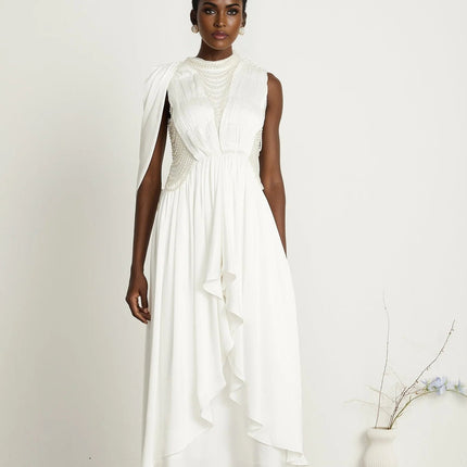 Autumn White Maxi Dress with Faux Pearl Embellishments and Asymmetric Pleats