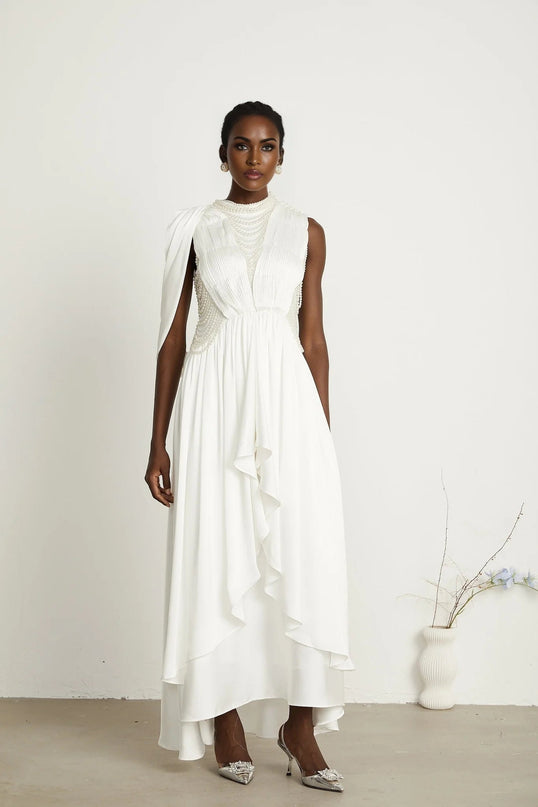 Autumn White Maxi Dress with Faux Pearl Embellishments and Asymmetric Pleats
