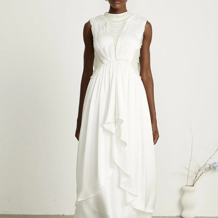 Autumn White Maxi Dress with Faux Pearl Embellishments and Asymmetric Pleats