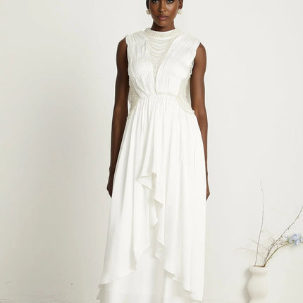 Autumn White Maxi Dress with Faux Pearl Embellishments and Asymmetric Pleats