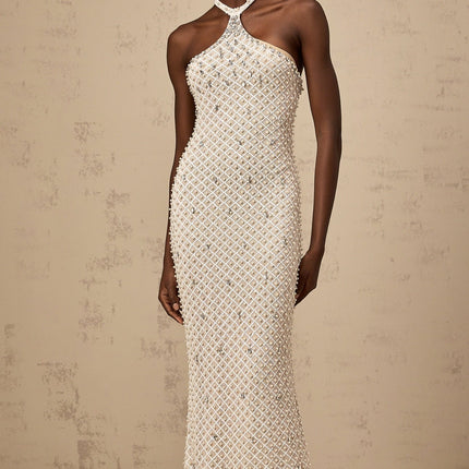 Autumn White Sleek Halterneck Maxi Dress with Crystal and Faux-Pearl Embellishments