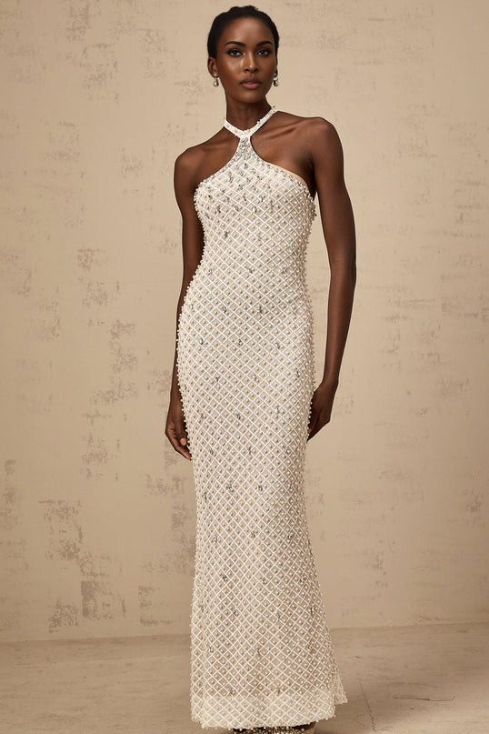 Autumn White Sleek Halterneck Maxi Dress with Crystal and Faux-Pearl Embellishments
