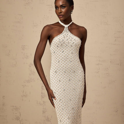 Autumn White Sleek Halterneck Maxi Dress with Crystal and Faux-Pearl Embellishments