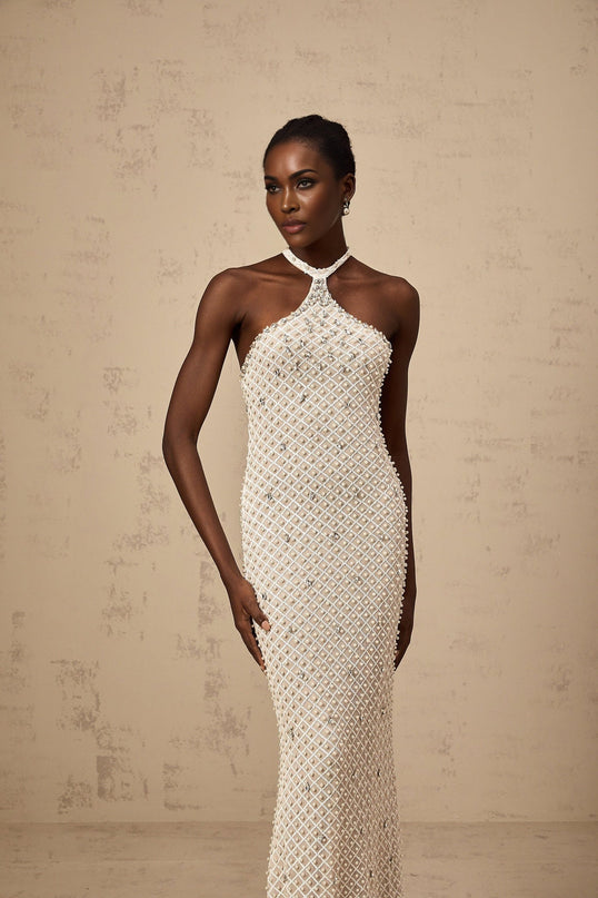 Autumn White Sleek Halterneck Maxi Dress with Crystal and Faux-Pearl Embellishments
