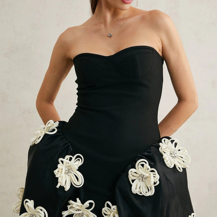 Ava Black Floral Appliqué Crystal Embellished Peplum Mini Dress