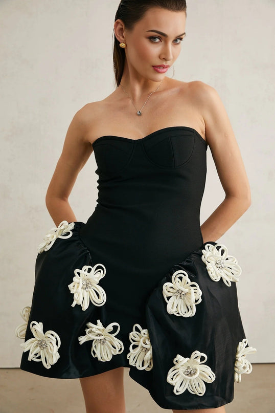 Ava Black Floral Appliqué Crystal Embellished Peplum Mini Dress
