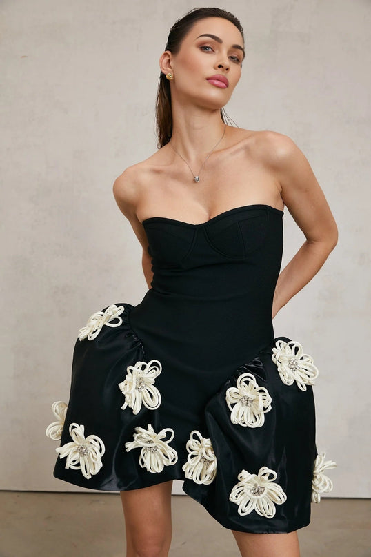 Ava Black Floral Appliqué Crystal Embellished Peplum Mini Dress