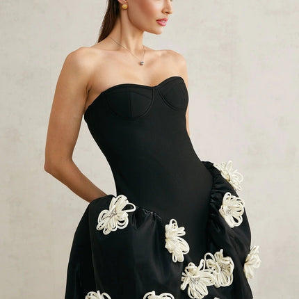 Ava Black Floral Appliqué Crystal Embellished Peplum Mini Dress