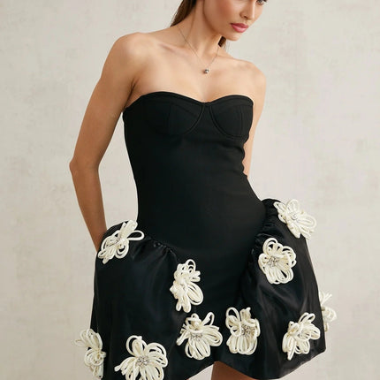 Ava Black Floral Appliqué Crystal Embellished Peplum Mini Dress