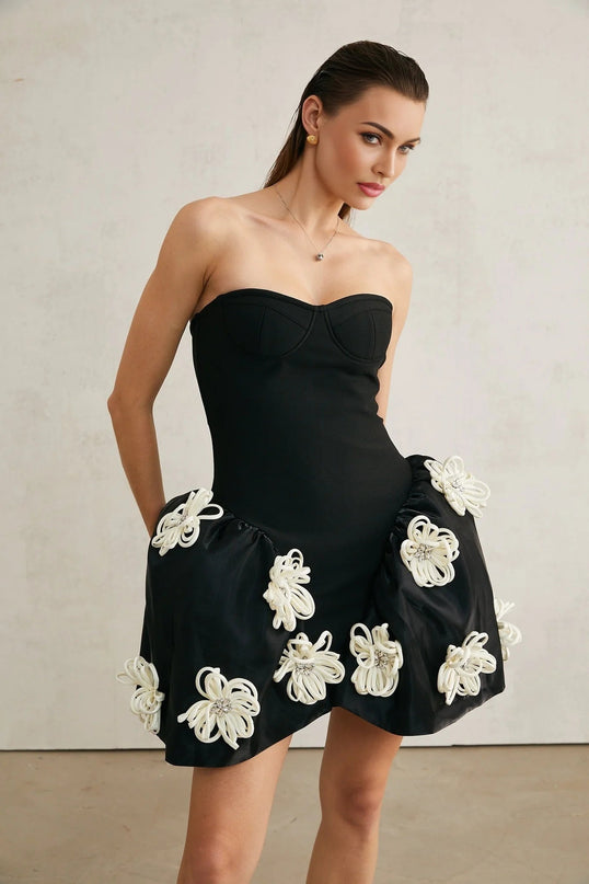 Ava Black Floral Appliqué Crystal Embellished Peplum Mini Dress