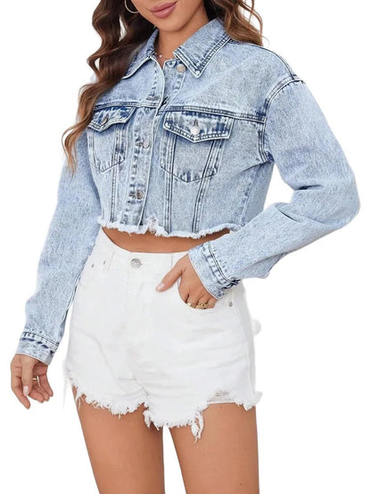 Ava Cropped Denim Jacket with Stylish Frayed Hem in Light Blue - Light Blue