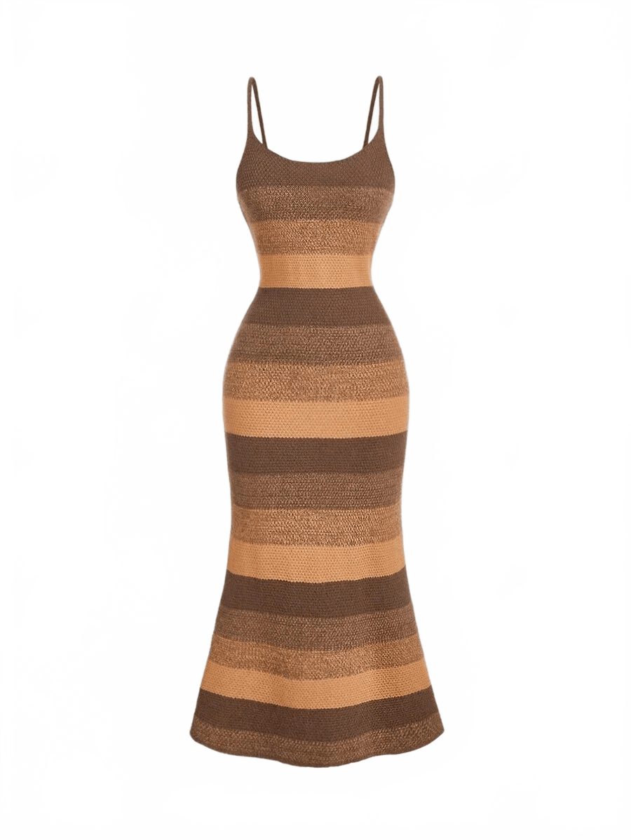 Ava Knitwear Midi Striped Dress in Brown - S