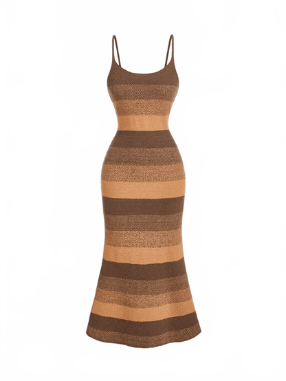 Ava Knitwear Midi Striped Dress in Brown - S