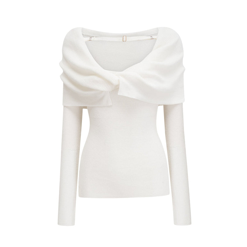Ava White Off-shoulder Ribbed Knit Top With Twist Detail