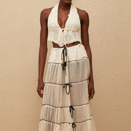 Aveline Cream White Bowknot Shirred Top & Skirt Set