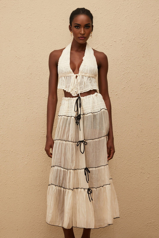 Aveline Cream White Bowknot Shirred Top & Skirt Set