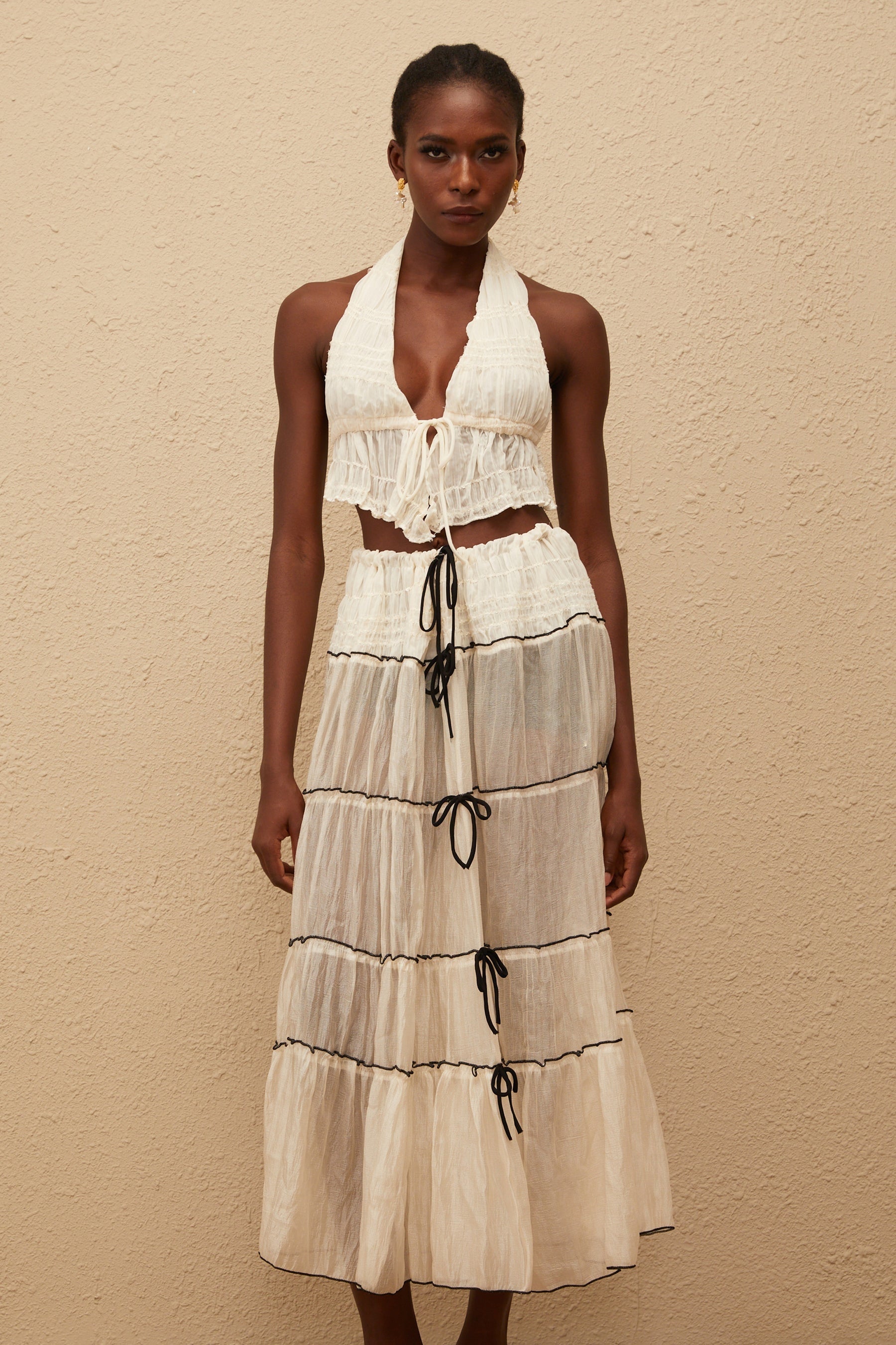 Aveline Cream White Bowknot Shirred Top  Skirt Set