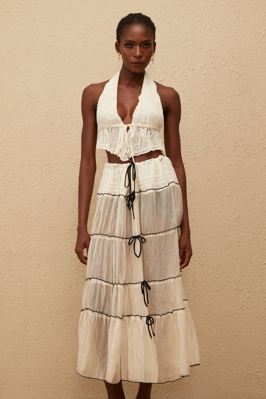 Aveline Cream White Bowknot Shirred Top  Skirt Set