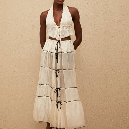 Aveline Cream White Bowknot Shirred Top & Skirt Set