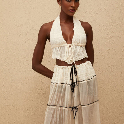 Aveline Cream White Bowknot Shirred Top & Skirt Set