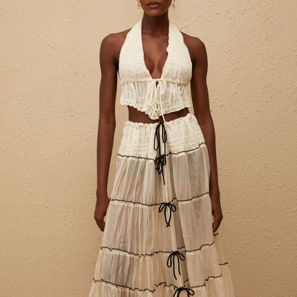 Aveline Cream White Bowknot Shirred Top & Skirt Set