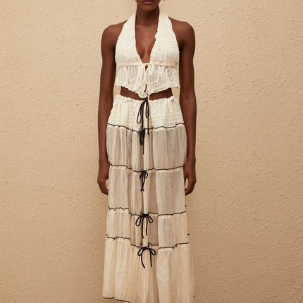 Aveline Cream White Bowknot Shirred Top & Skirt Set