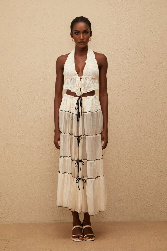 Aveline Cream White Bowknot Shirred Top & Skirt Set
