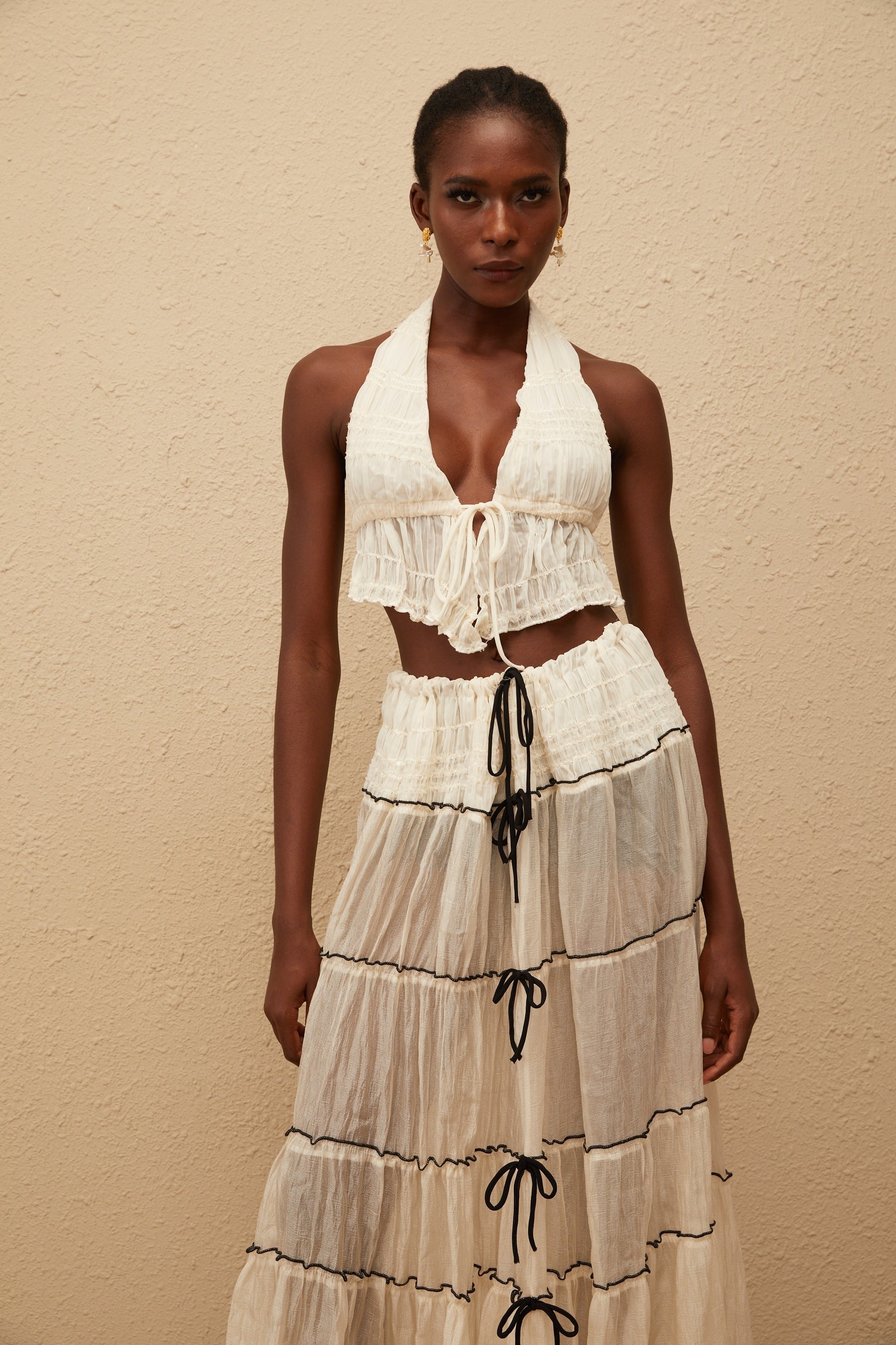 Aveline Cream White Bowknot Shirred Top  Skirt Set